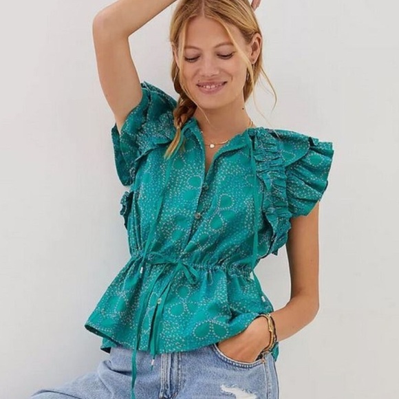 Maeve Tops - Maeve Ruffled Tie Waist Blouse in Green Embroidery, S